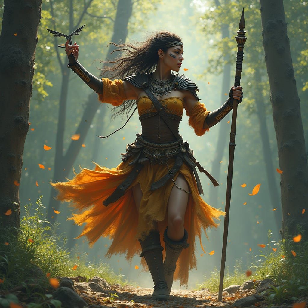 Mystical Female Warrior Dances with Polearm in Vibrant, Impr...