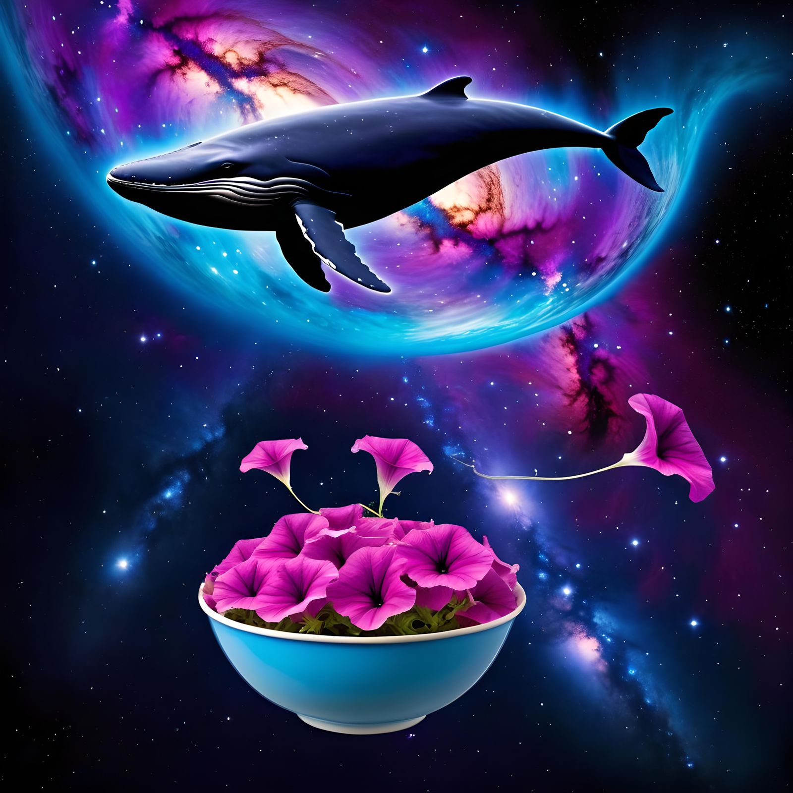 Whale and Petunias Floating in Space Nebula