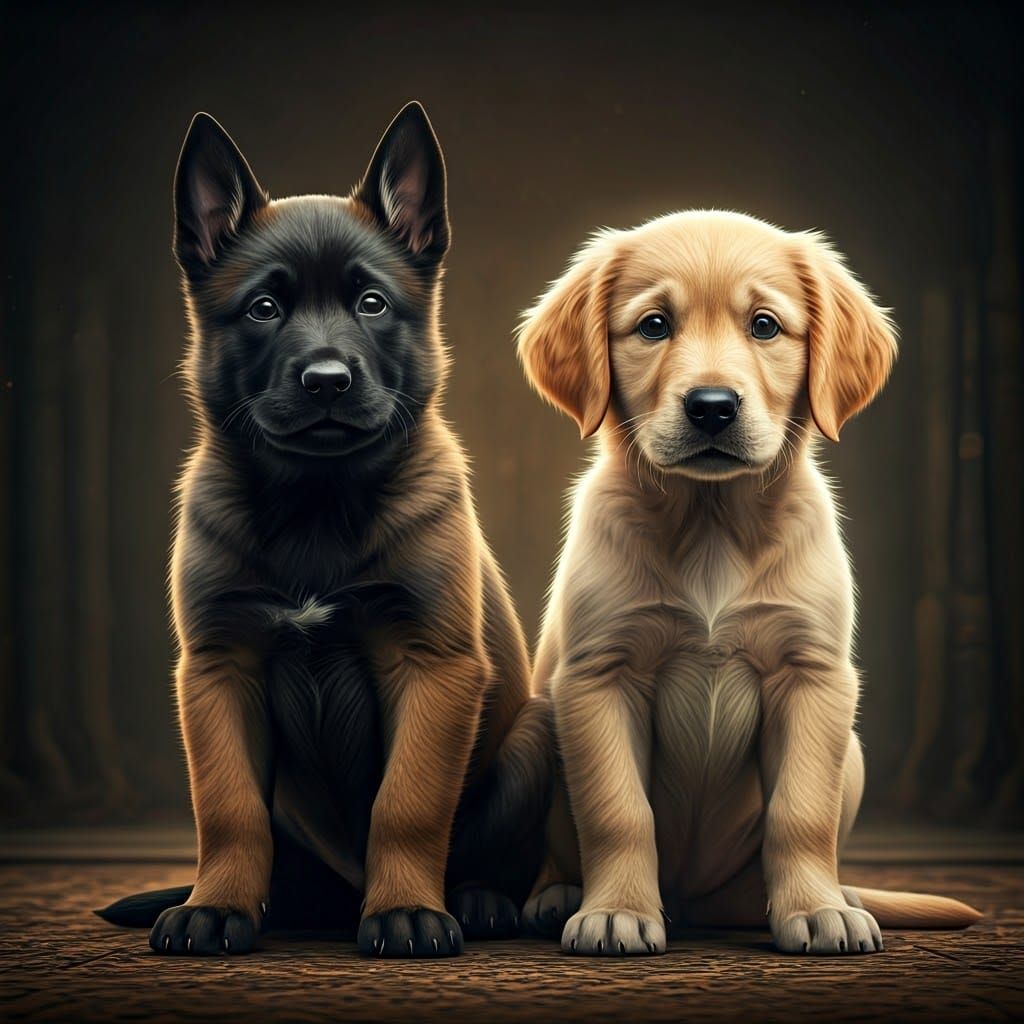 Adorable Puppies: Malinois and Golden Retriever Portrait