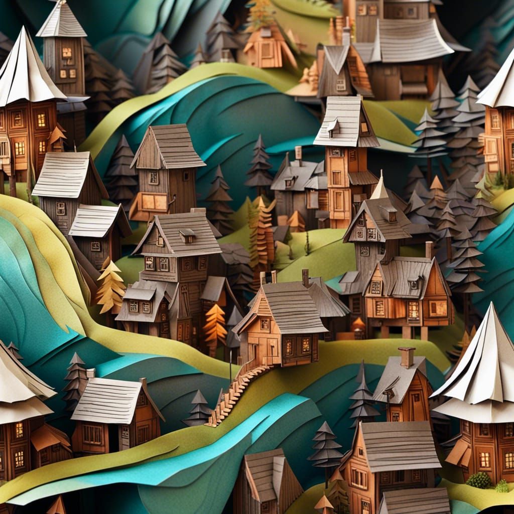 Papercraft Village on Hill in Origami Style