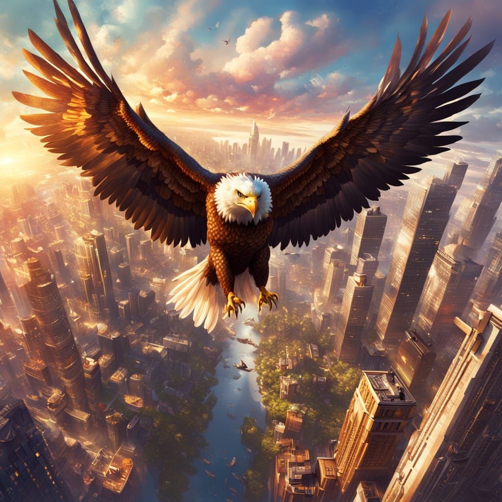 Majestic Eagle Soaring with Miniature City, Fantasy Art