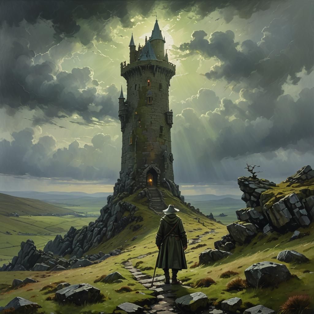 Wizard at Tower on Windswept Moor in Impressionism