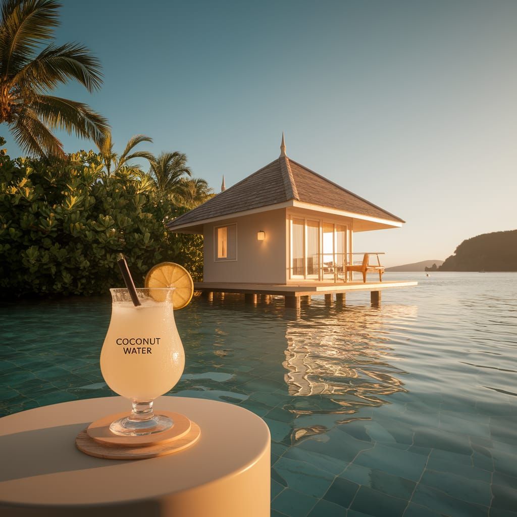 Tranquil Sunset at Water Bungalow with Coconut Cocktail