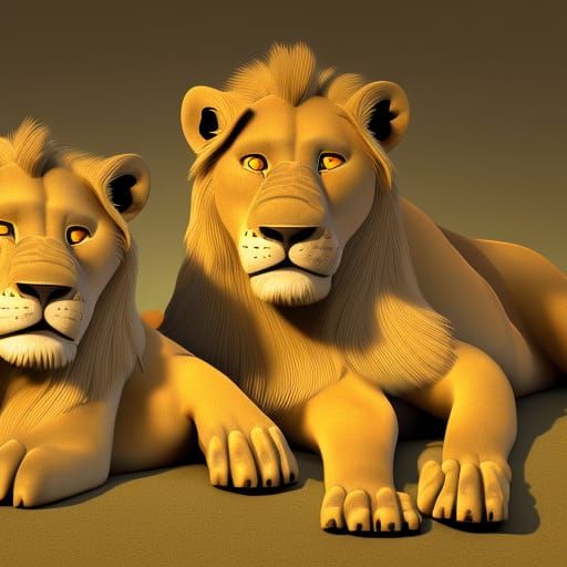 Resting Lions in 3D Digital Art Style