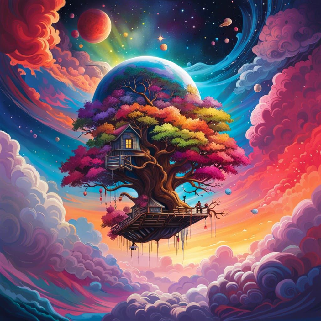 A Magical Dreamy Floating Tree House Over the Magical Colour...