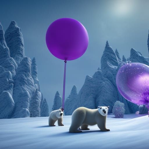 Polar bears playing in the snow with a purple balloon.