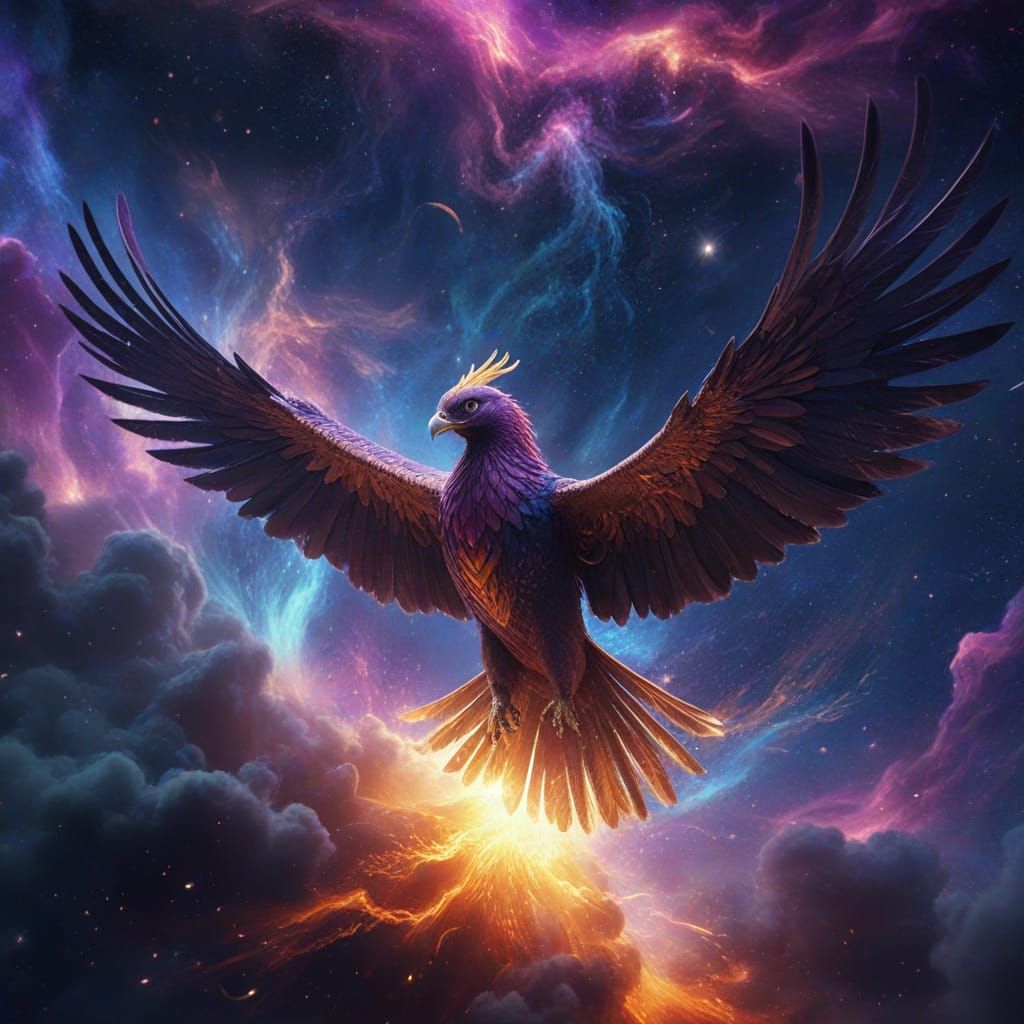 Phoenix Soaring Through Nebula in Vibrant Digital Art