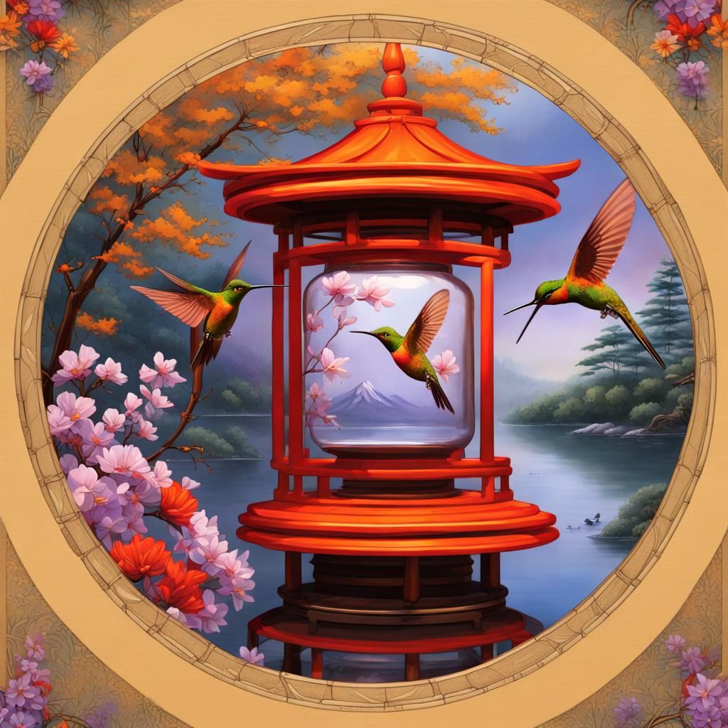 Vivid Hummingbirds and Temple in Glass Jar