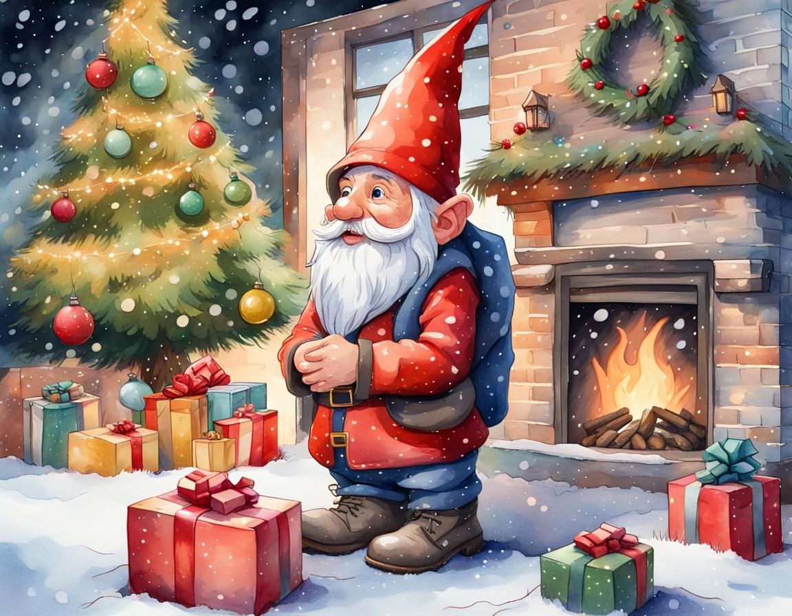 Cute Christmas Gnome by Fireplace in Watercolor