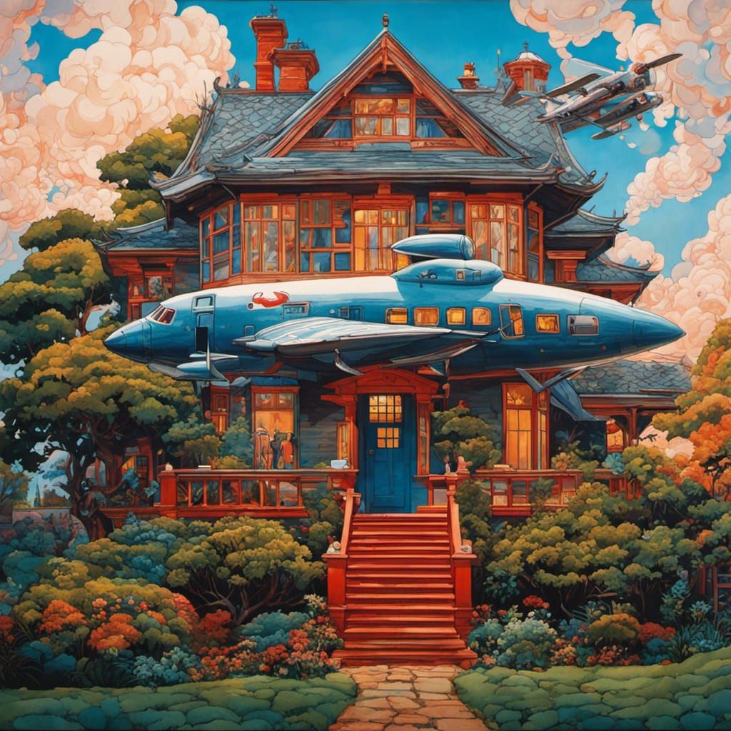 House with Aeroplane Crash, Maximalist Gouache Painting