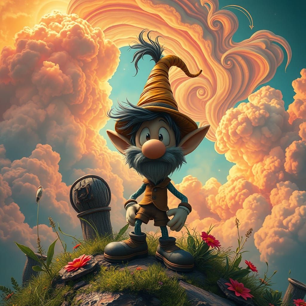 Whimsical Dreamscape with Goofy in Vibrant Clouds and Lush G...