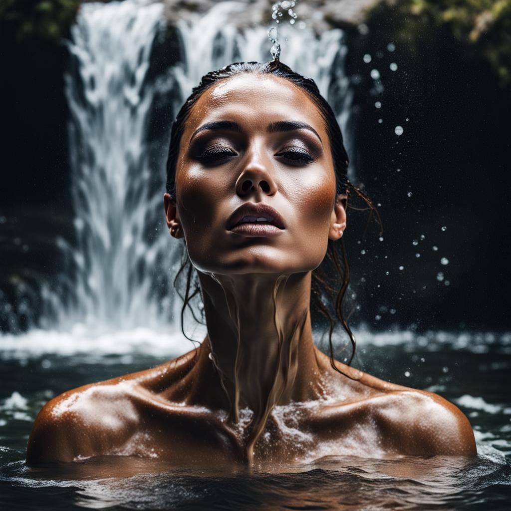 Hyperrealistic Woman Emerges from Waterfall