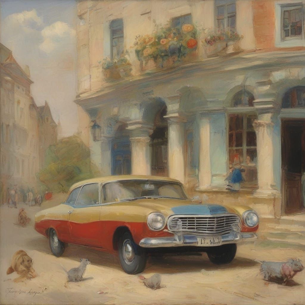 Mouse with Dodge Muscle Car in Art Nouveau Style