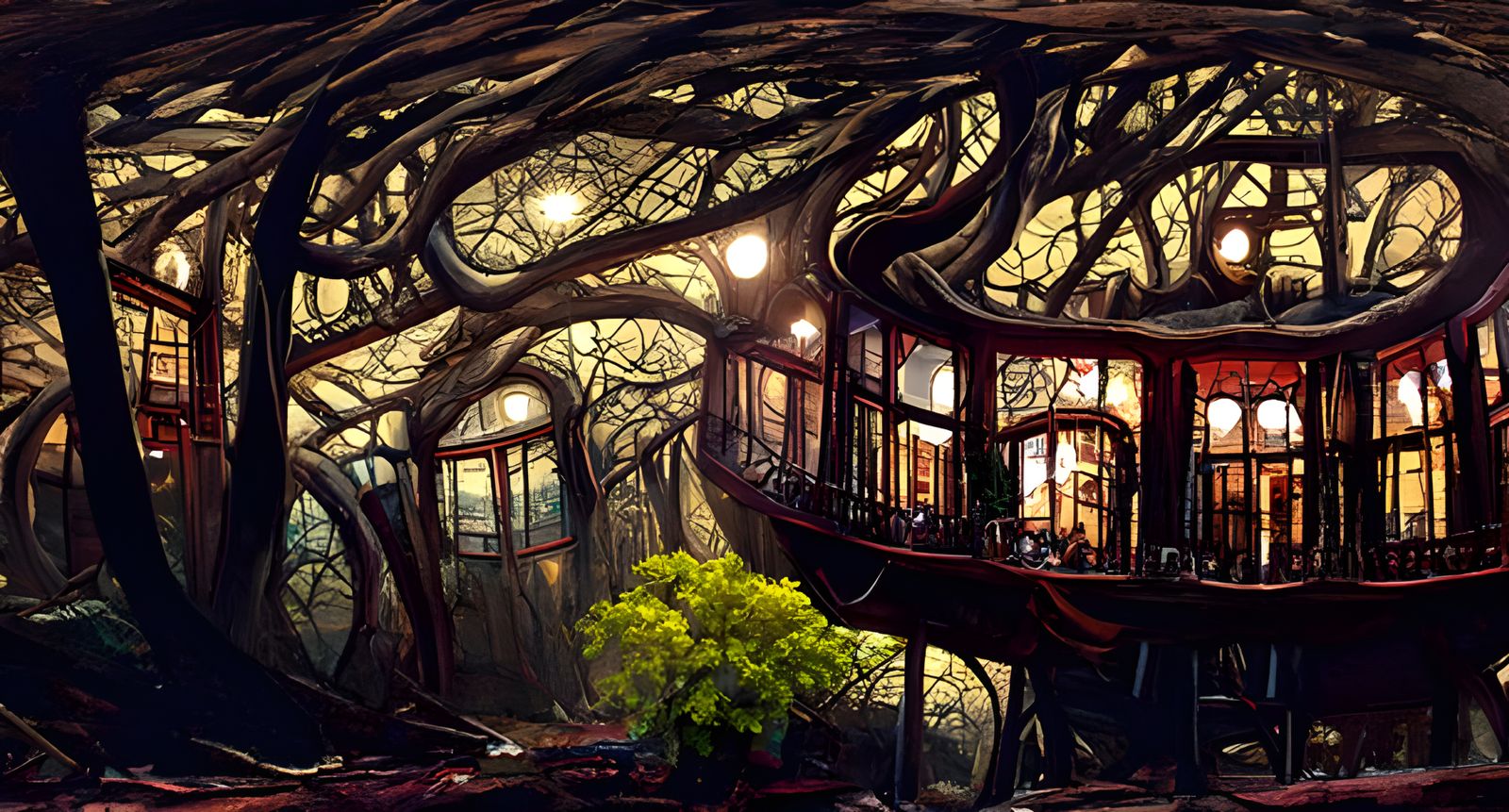 Night Cafe in Giant Tree, Kinetic Pointillism Style