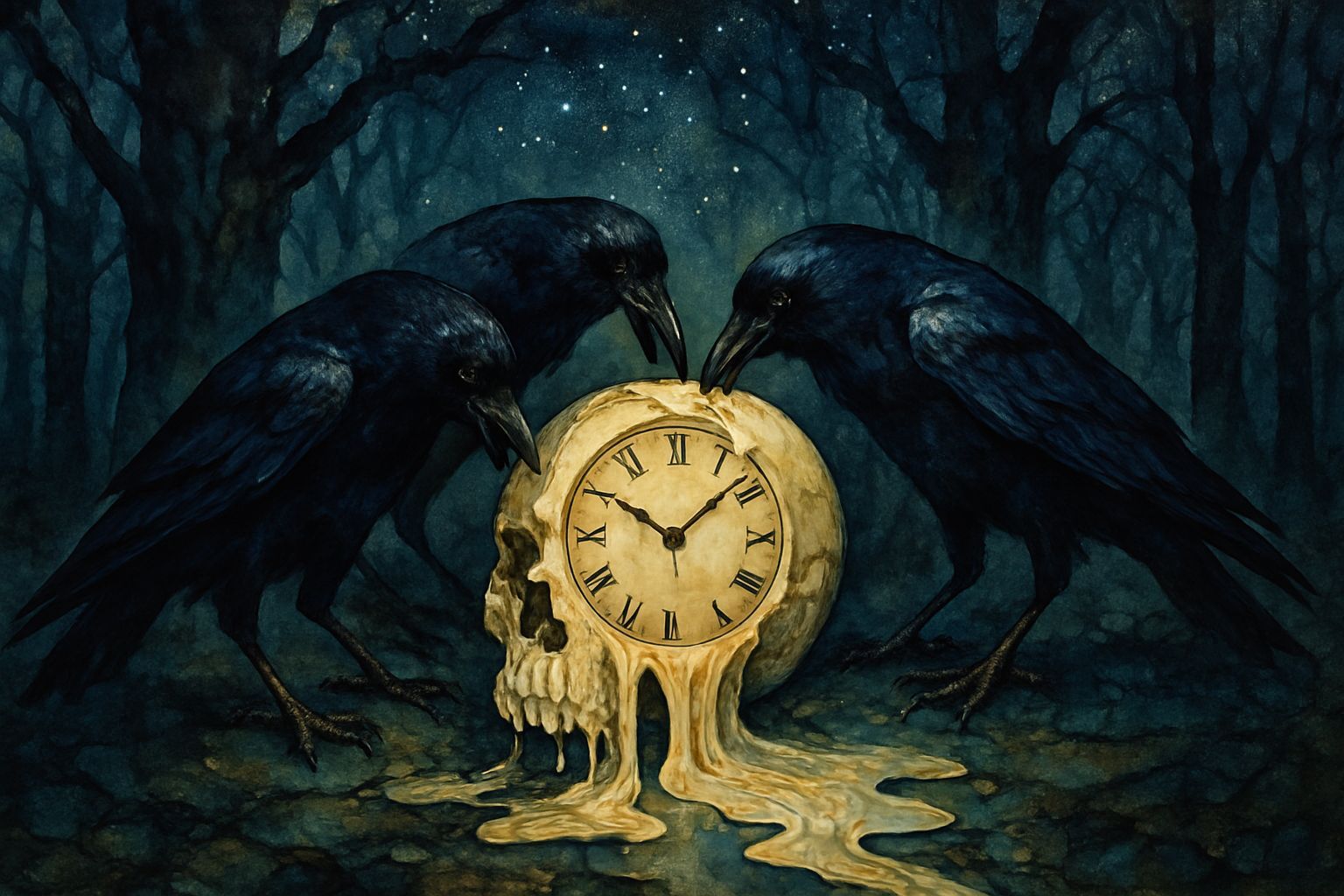 Ravens Feast on Skull Clock in Surreal Dark Forest