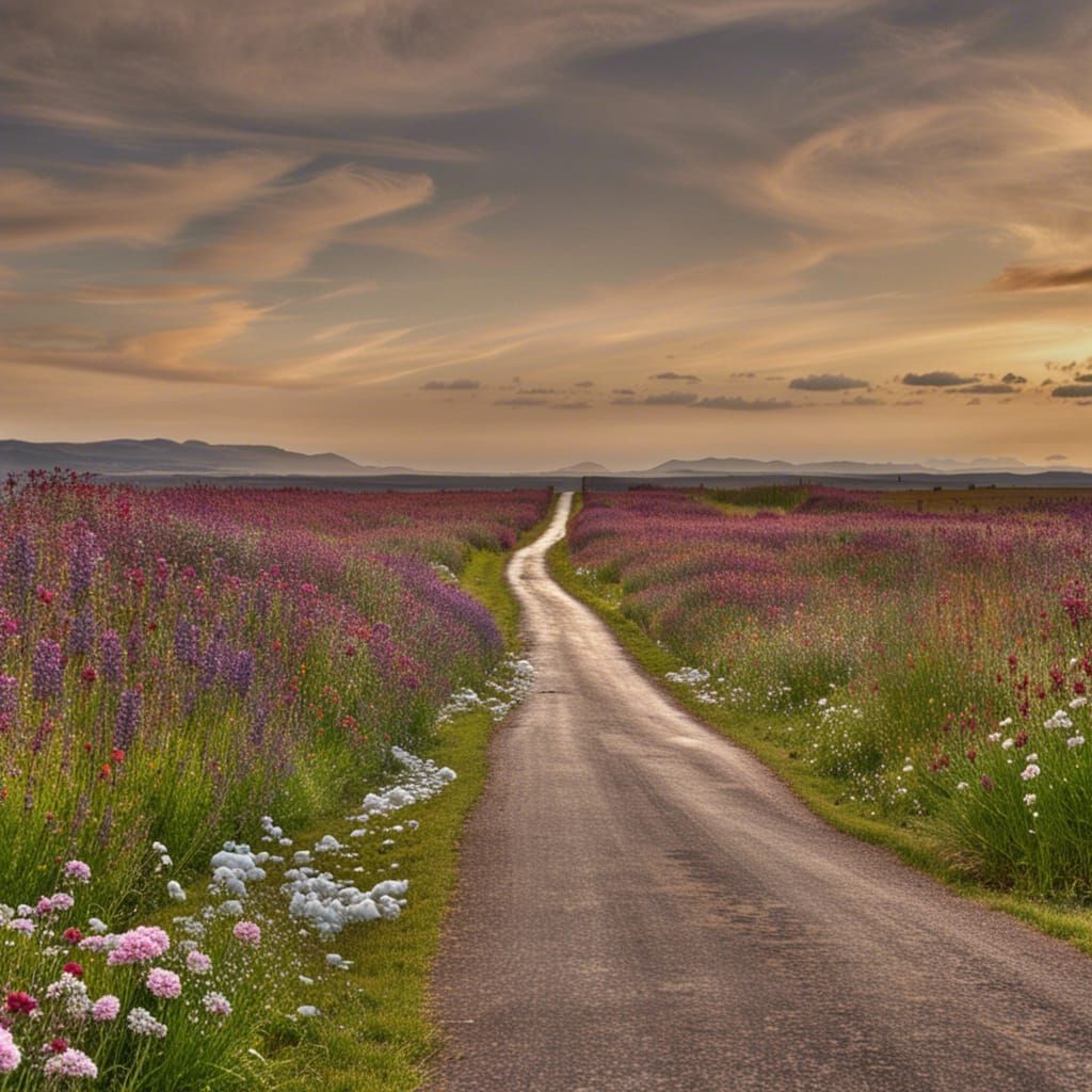 Person Walking on Flower-Lined Road