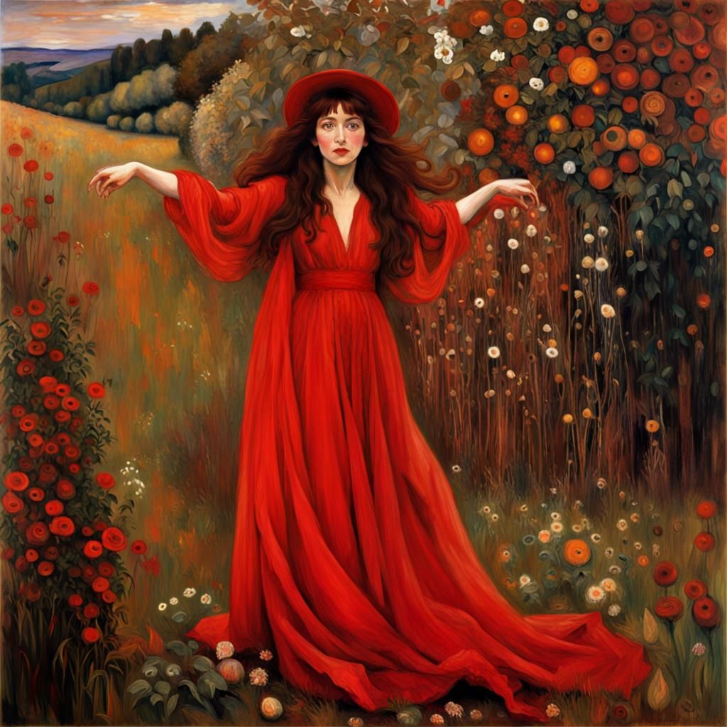Kate Bush as Pre-Raphaelite Painting in Red Dress