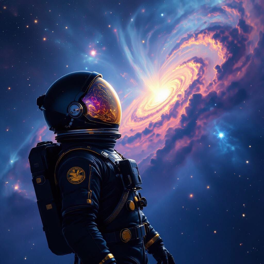 Astronaut Gazing at Nebula in Space, Hyperrealistic Style