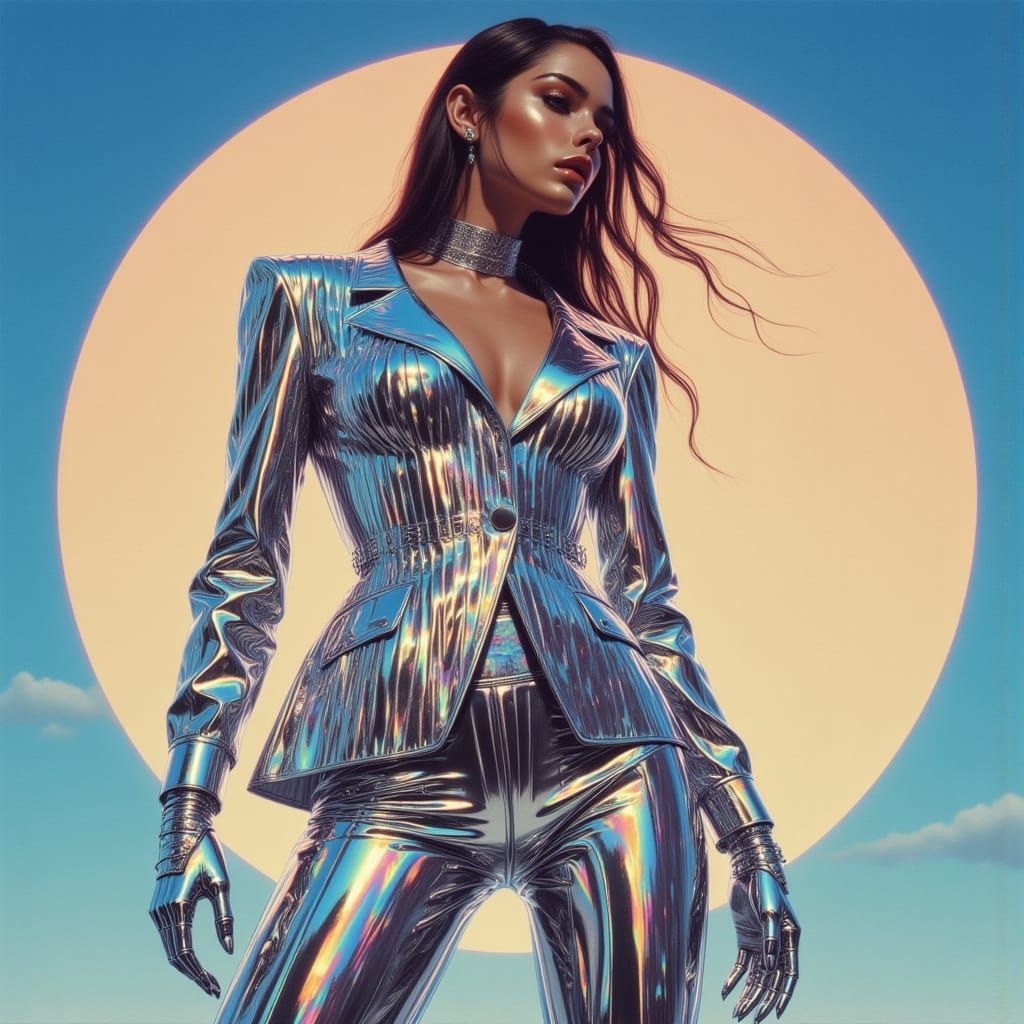 Retro-Futuristic Woman in Chrome Pin-Up Pose