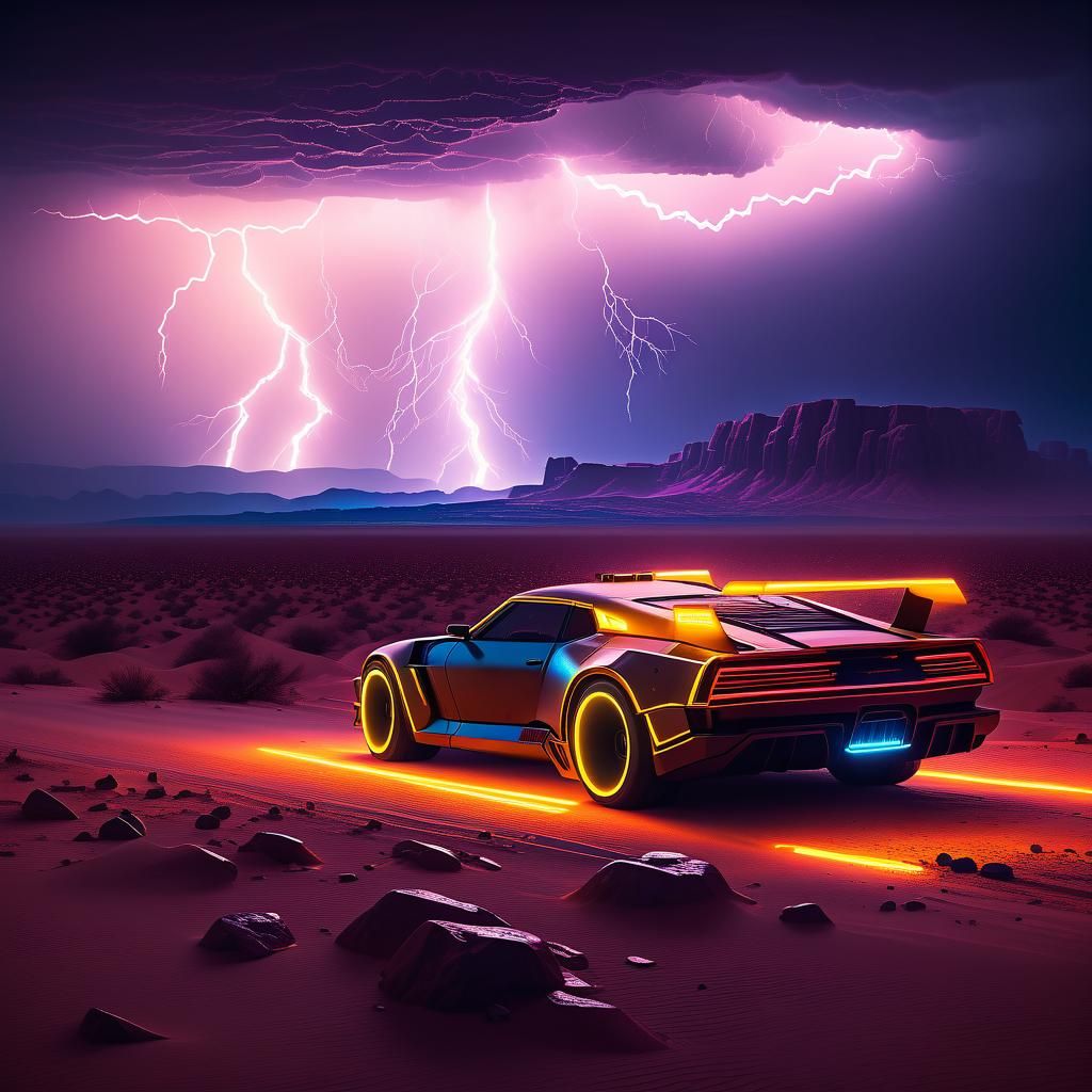 Cyberpunk Lightning Storm over Desert Landscape