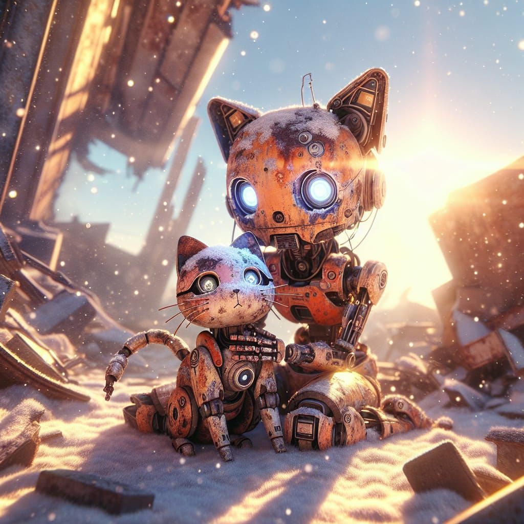 Robotic Kitten in Snowy Ruins, Anime Style