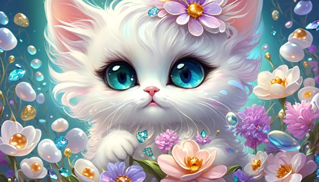 <lora:Pearls and nacre 2:1.0> Adorable fluffy Chibi kitten big eyes white pearls iridescence large flower easter time op...
