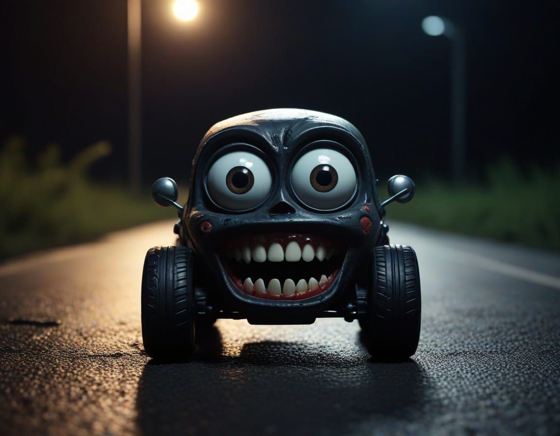 Evil Toy Car with Sharp Teeth on Lonely Road