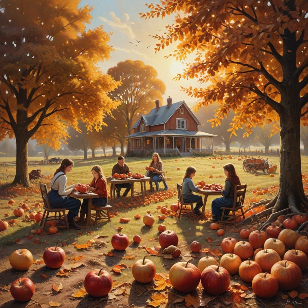 Autumn Harvest Family Gathering in Sun-Drenched Field