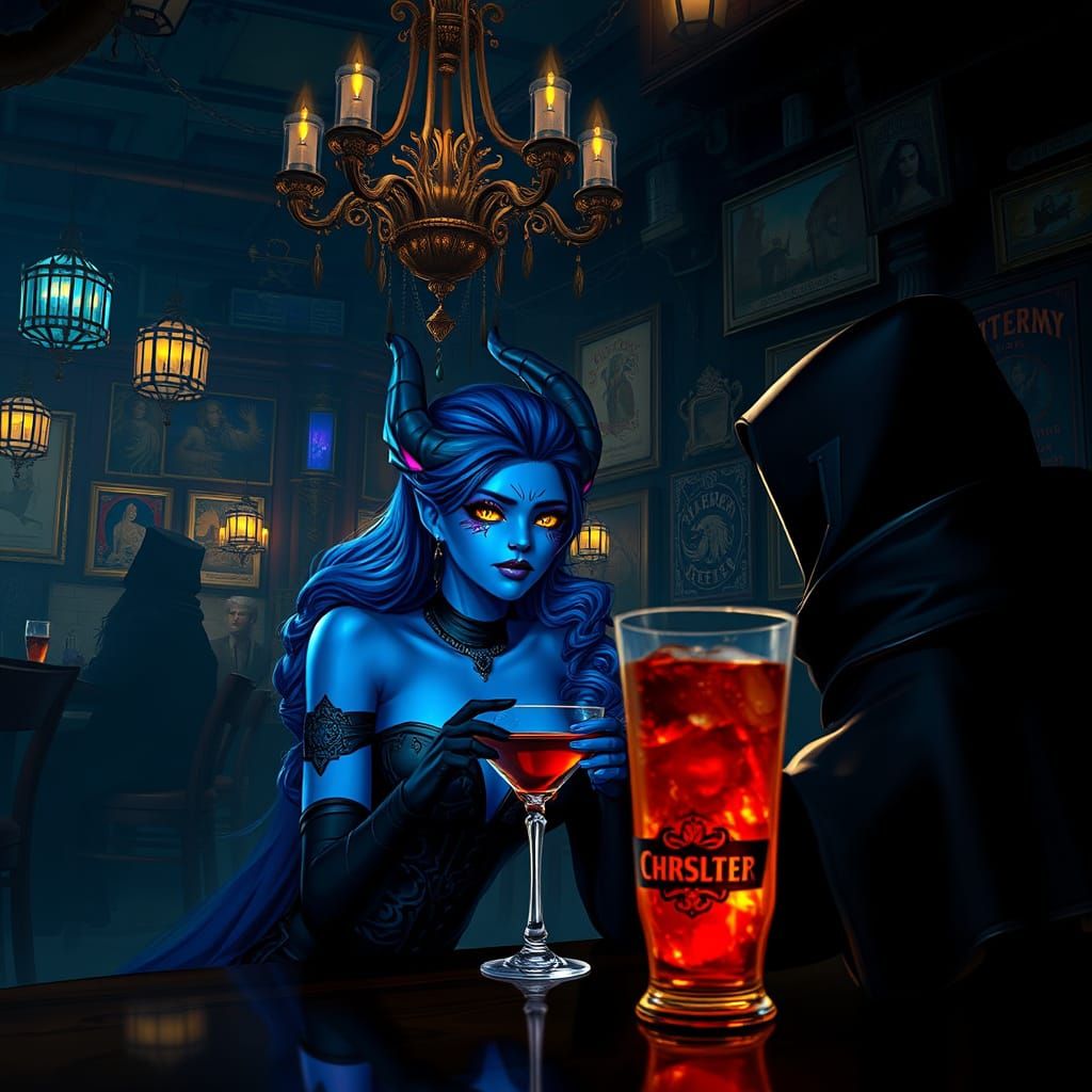 Gothic Draenei at Dimly Lit Bar, Anime Concept Art