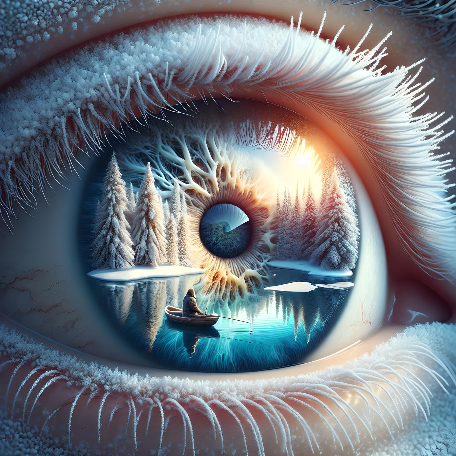 Winter Landscape Human Eye Macro Illustration