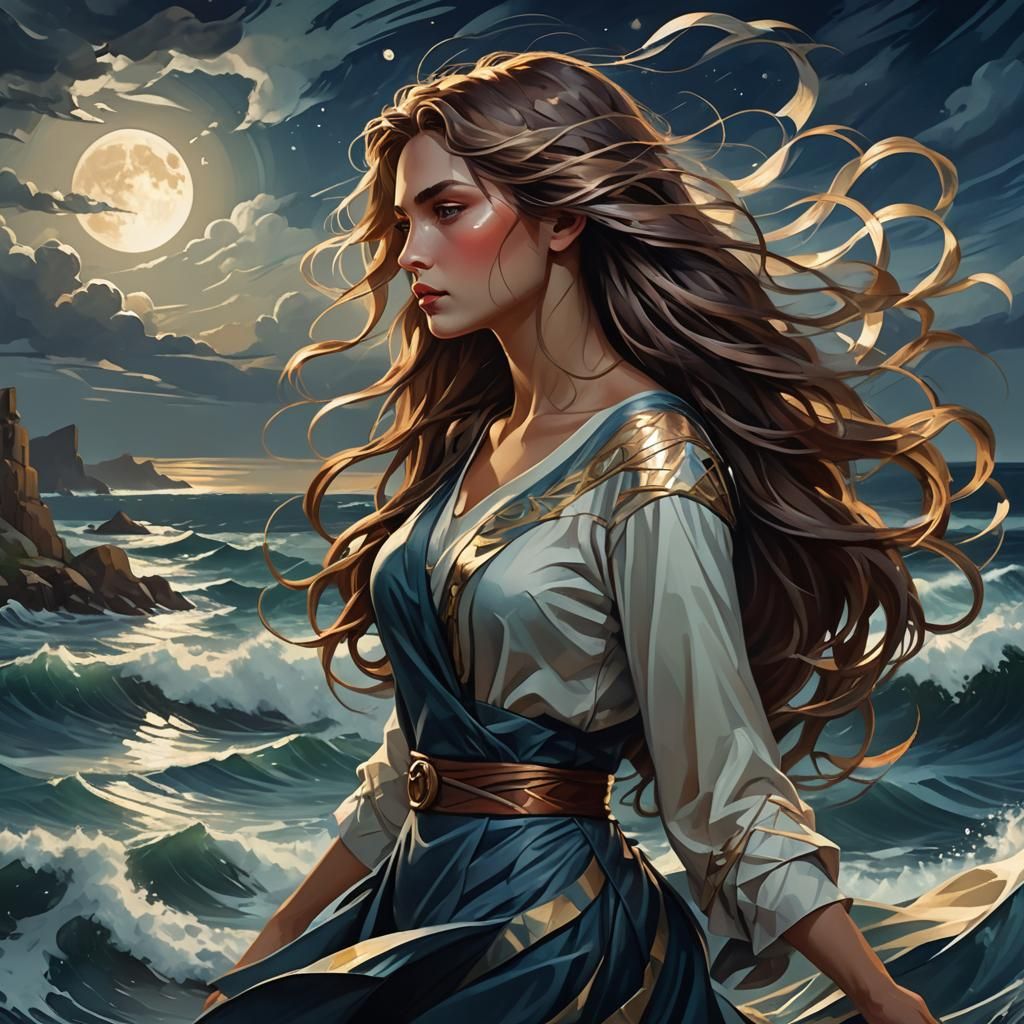 Cubist Woman by the Sea in Moonlight