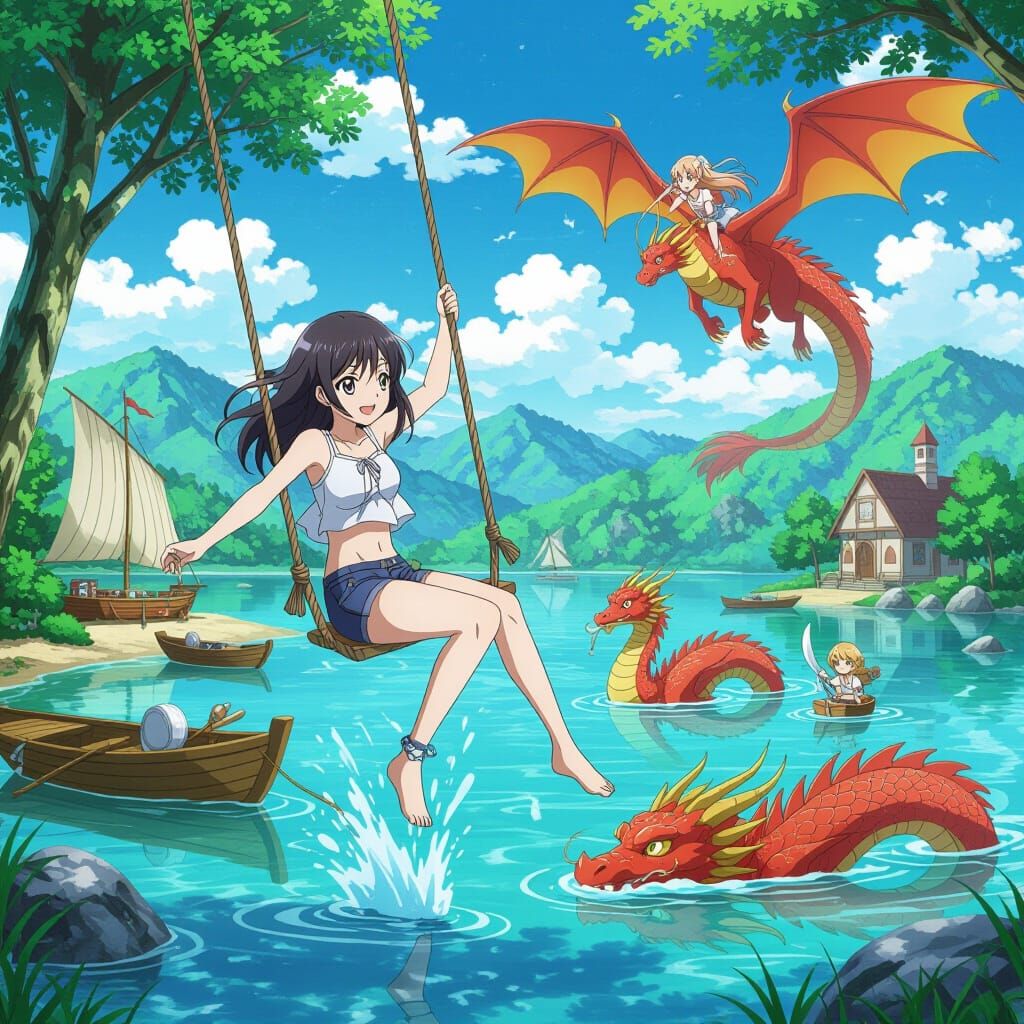 Anime Girl Swings into Mythical Summer Camp Lake