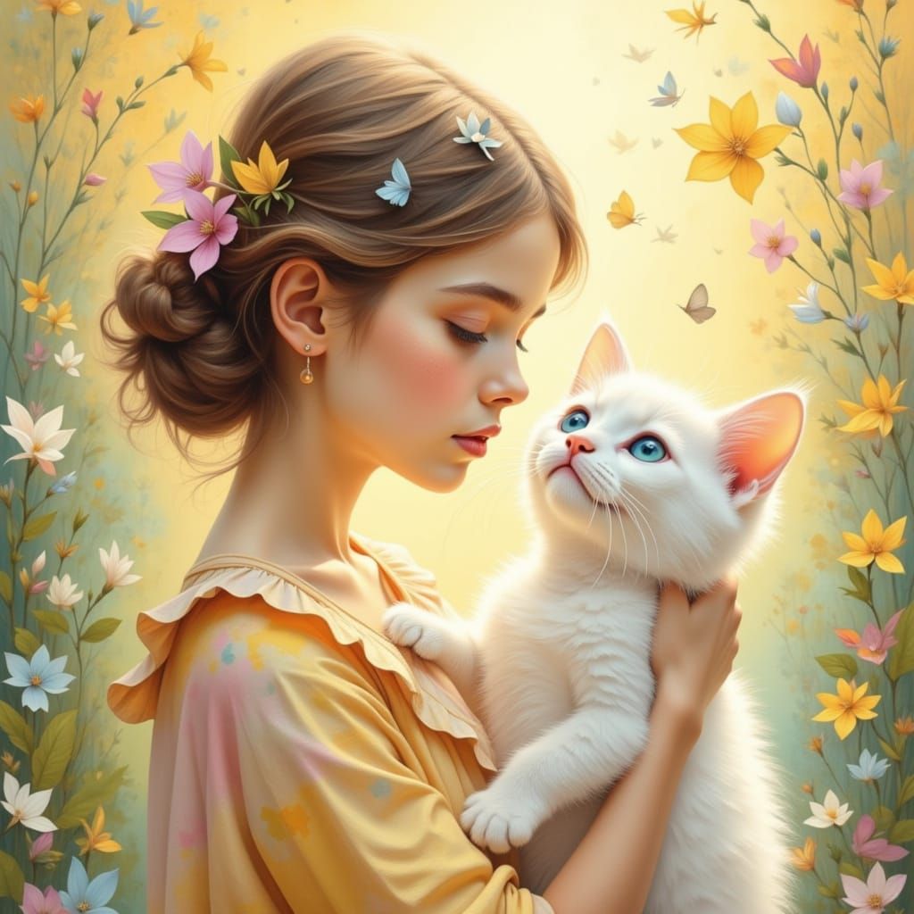Teenage Girl and White Kitten Adoration in Painterly Style