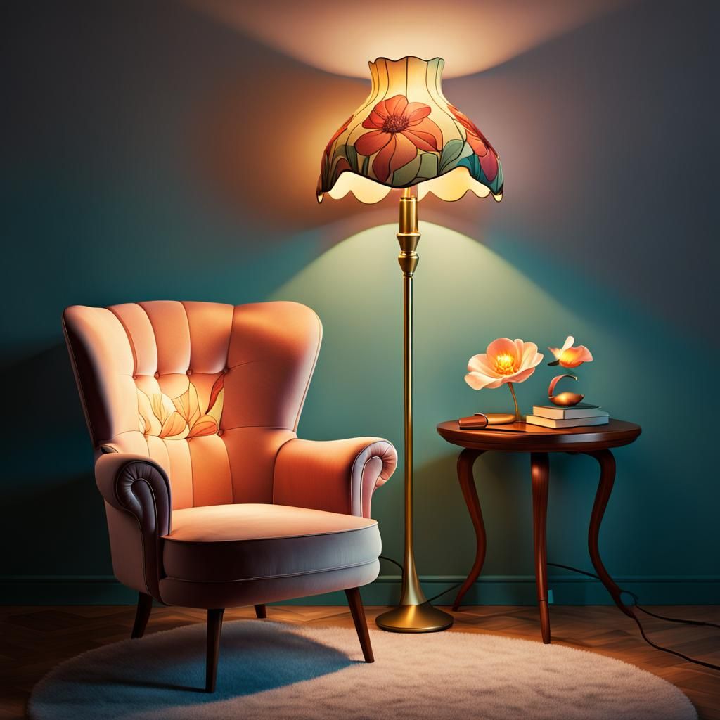 Art Nouveau Lamp Lights Reading Chair: Digital Art