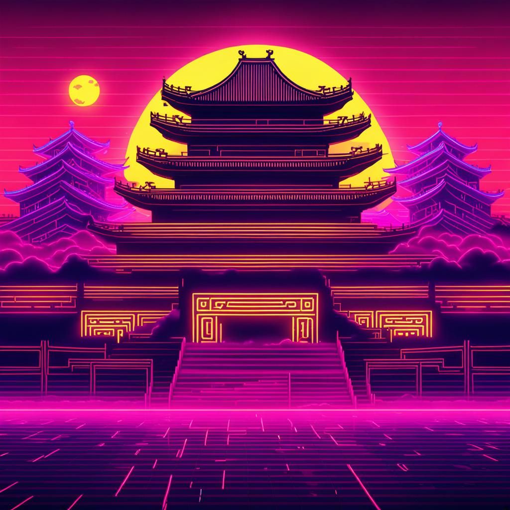 Great Wall of China in Synthwave Neon
