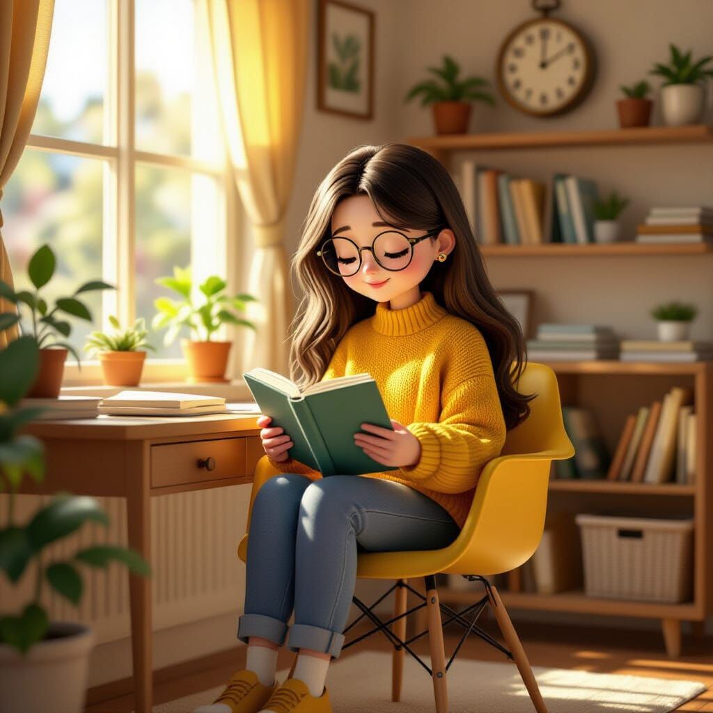Cute Girl Reading Book by Window in Cozy Room