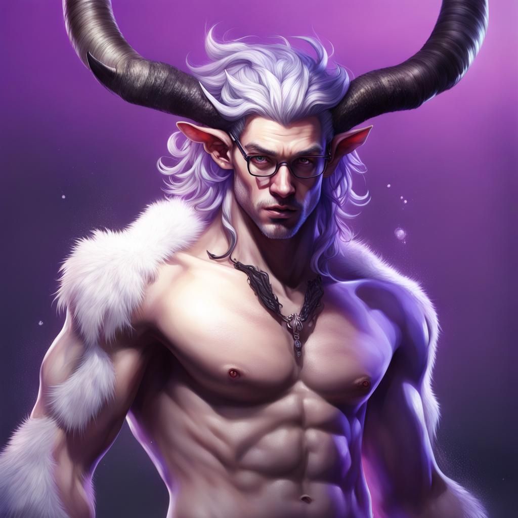 Hyperrealistic Satyr with Purple Hair and Black Horns
