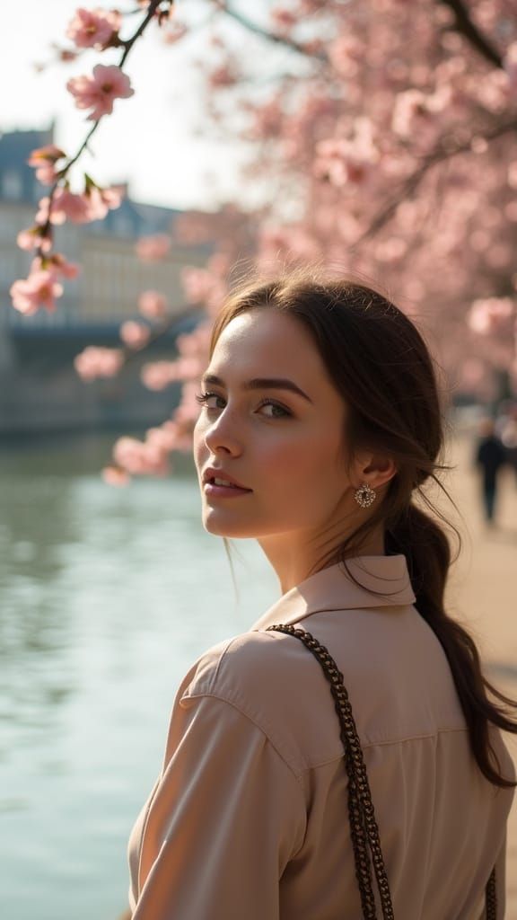 Elegant Woman Strolling Along Seine River in Spring