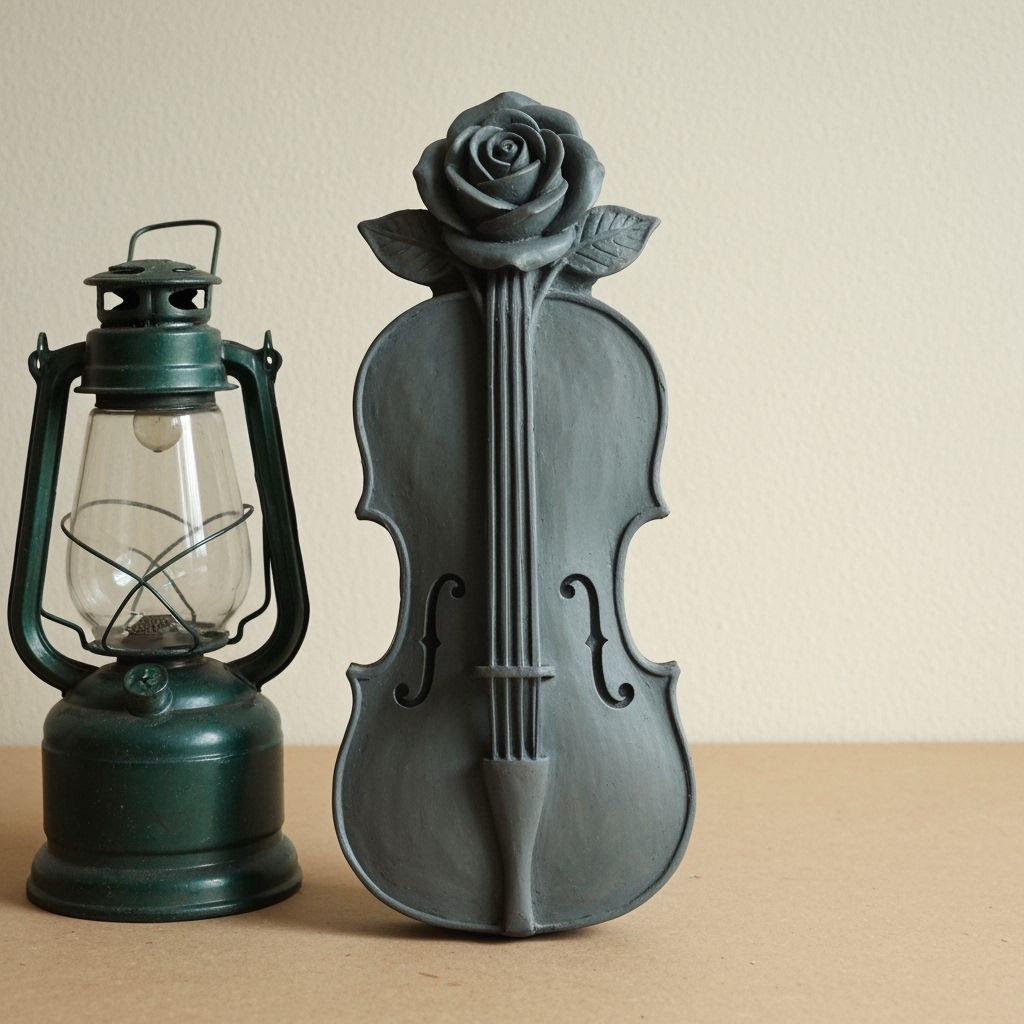 Pencil Carved Like a Violin with Rose on Old Workbench