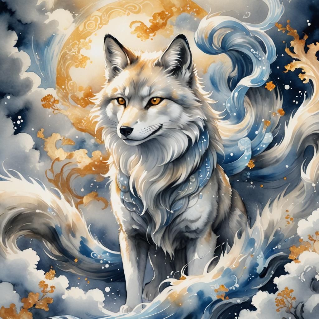 Silver Kitsune with Mystical Fire in Watercolor Style