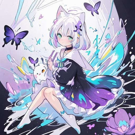 Colorful Cat-Girl with Splatter Art Fusion