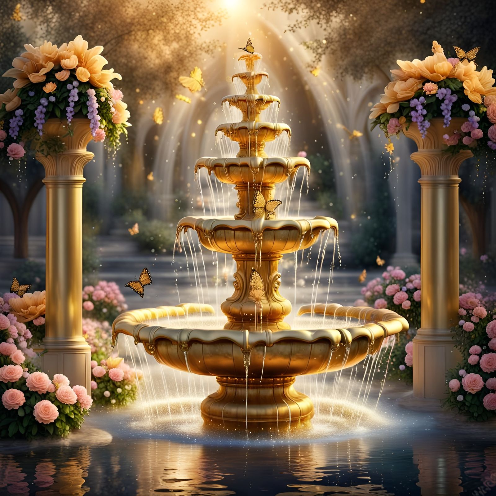 Elegant Golden Fountain with Flowers and Butterflies