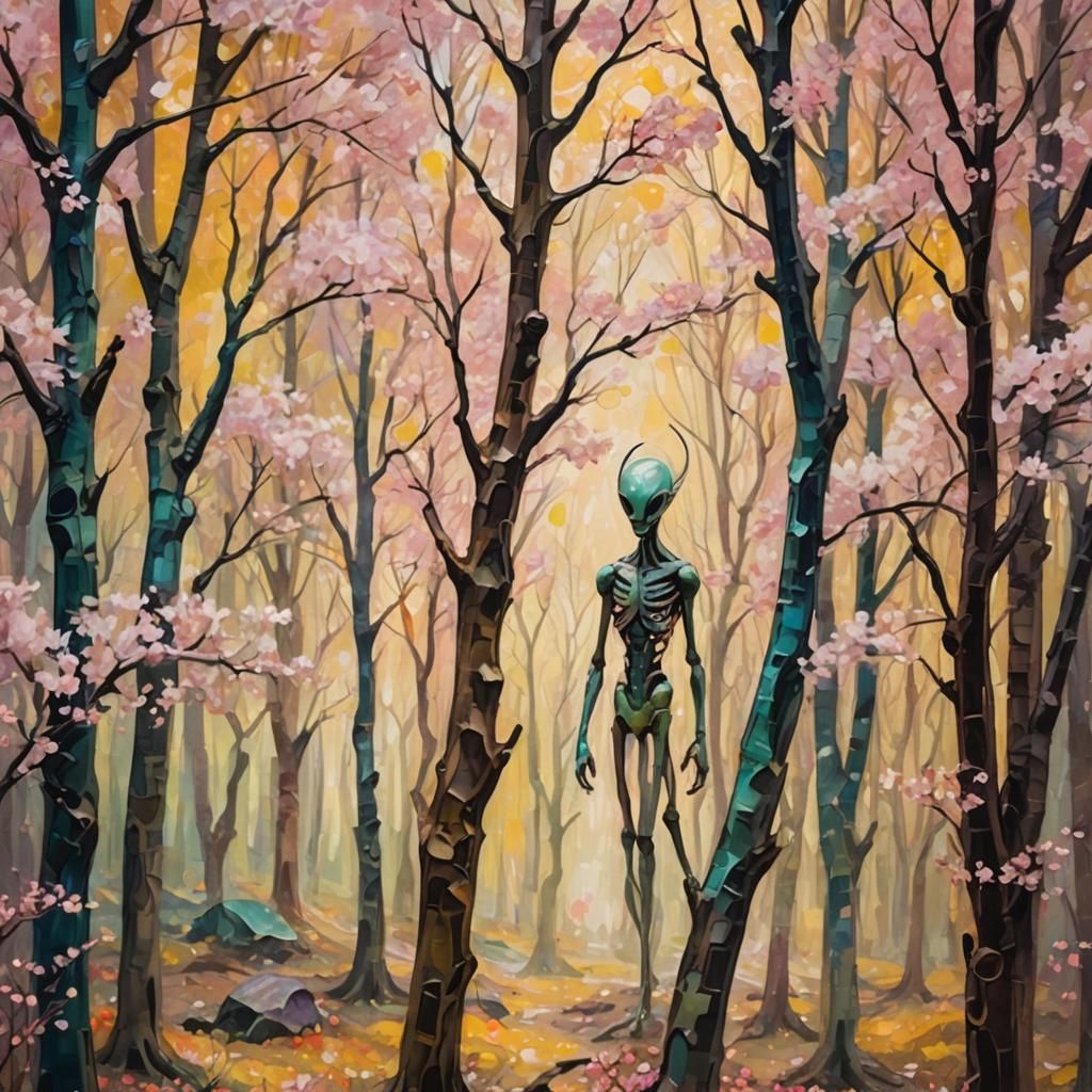 Alien Visits Cherry Blossoms in Expressionist Style