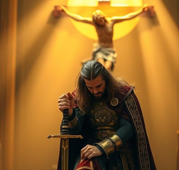 Aragorn in Regal Attire, Sword in Hand, Bows to Christ on th...