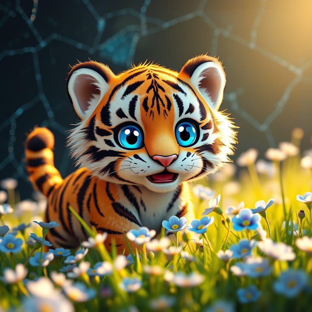 Chibi Tiger Explores Vibrant Forget-Me-Not Meadow in Dreamy...
