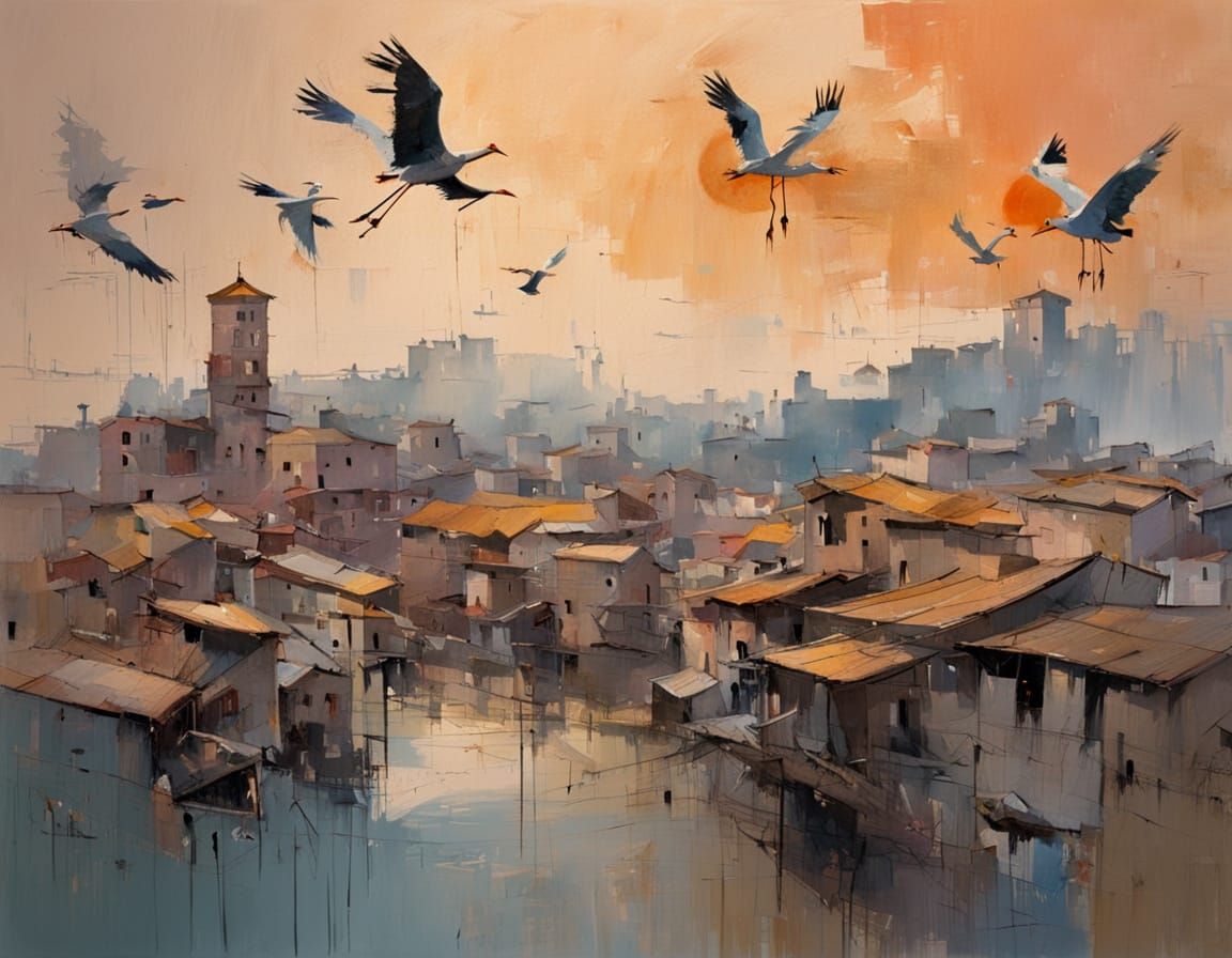 Storks Soar Over Mystical Oriental Town in Soft Evening Ligh...