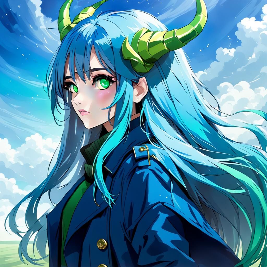 Blue-Haired Girl in Trench Coat Gazing at Sky