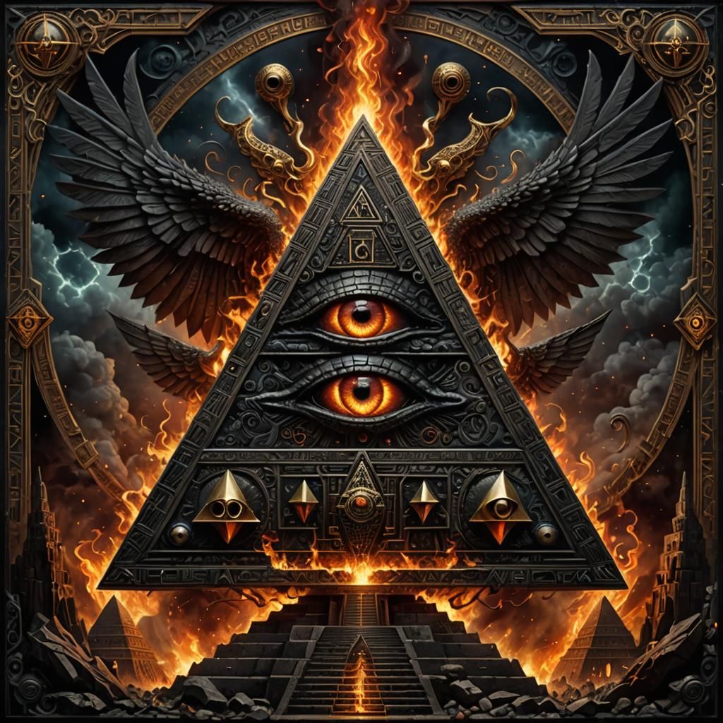 Black Pyramid Icon with Eyes and Wings, Dark Fantasy Art