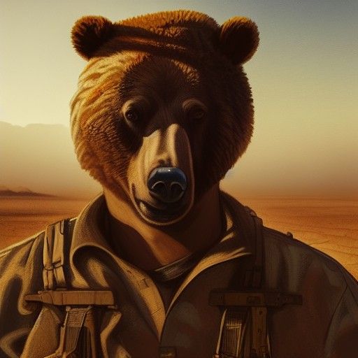 Bear-Headed Soldier in Desert Town, Ultra Realistic