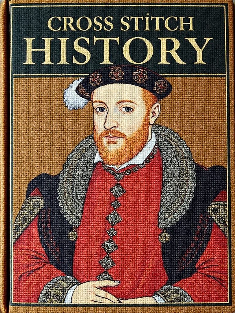 Book cover, a cross stitch picture of Henry VIII in the styl...